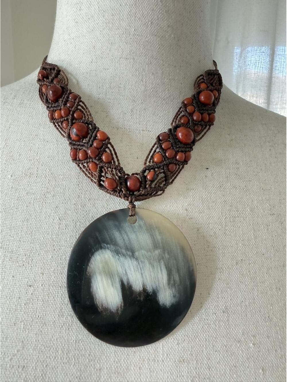 Oversized Horn Disc Macramé Necklace